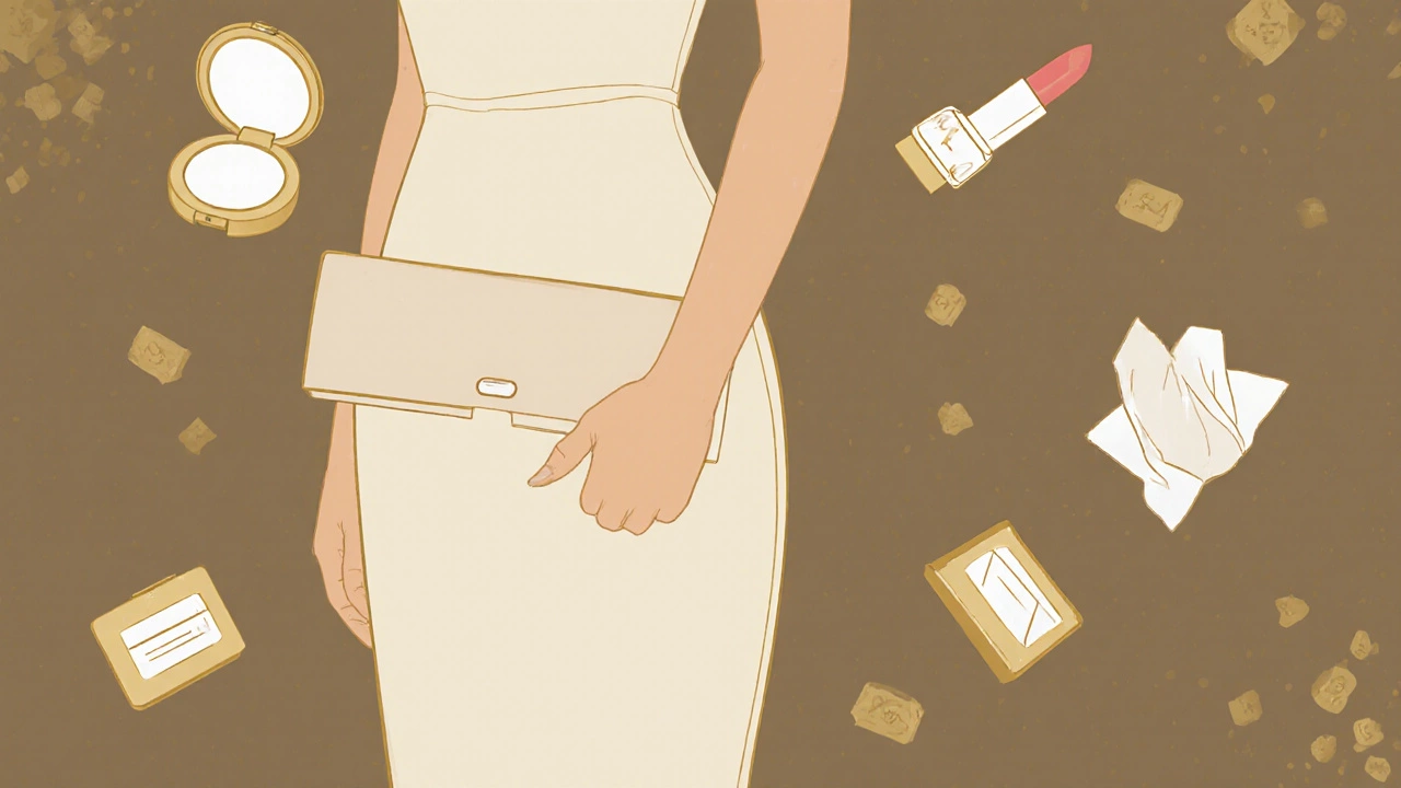 Close-up of an evening dress with no pockets and a clutch holding essential items.