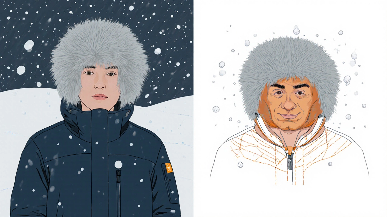 Cross-section diagram showing how a fur-lined hood protects from wind and cold.