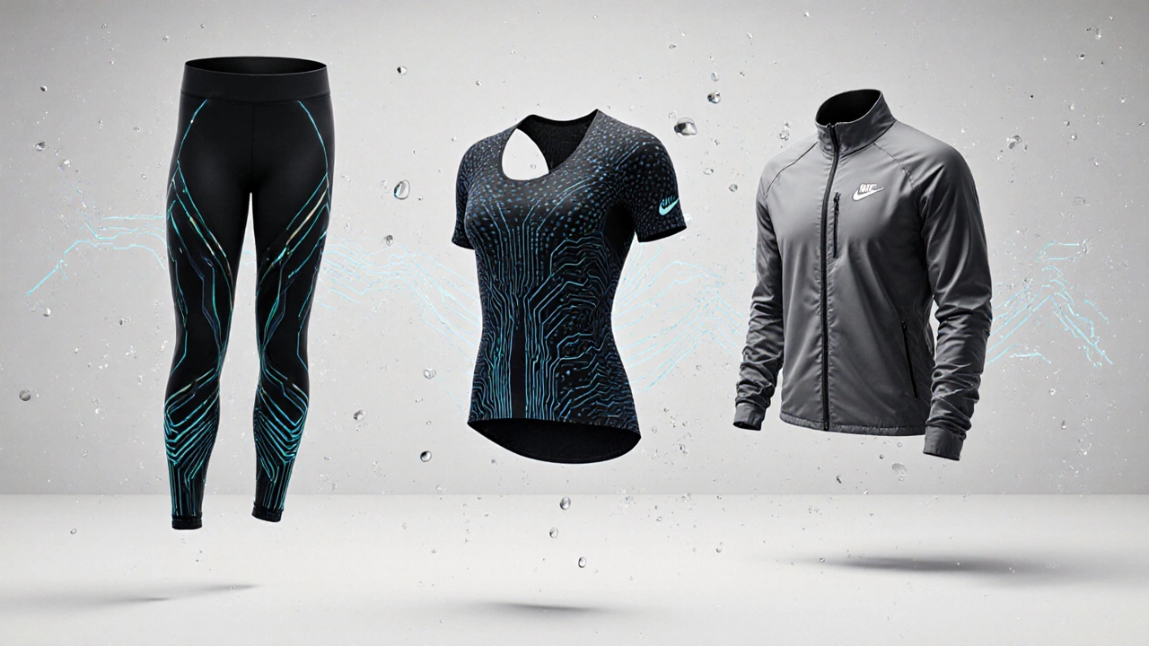 Floating Nike apparel with glowing tech lines, symbolizing performance innovation.