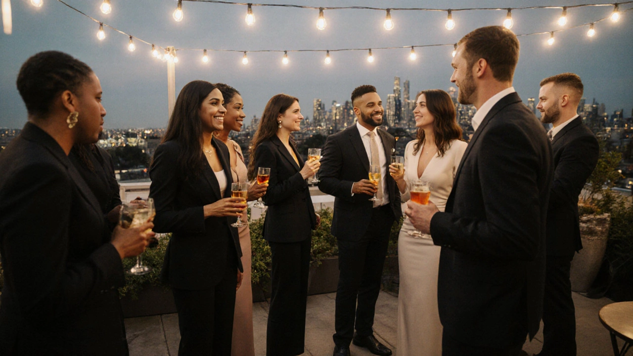 Guests at a twilight rooftop party in elegant evening attire under string lights.