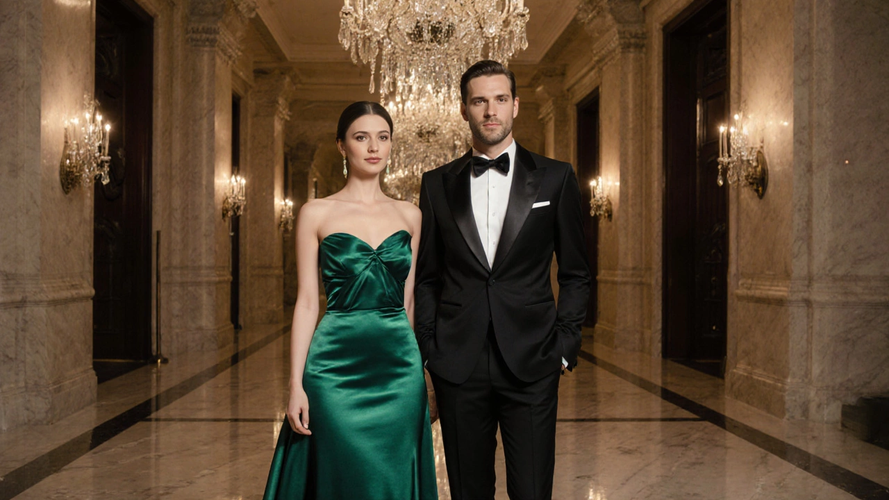 Man in tuxedo and woman in emerald gown entering a grand ballroom.