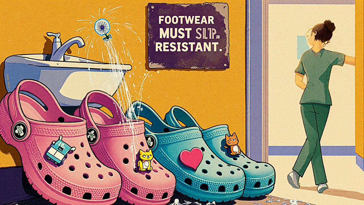 Multiple decorated Crocs on a locker shelf, one being rinsed, with Jibbitz charms like hearts and syringes.