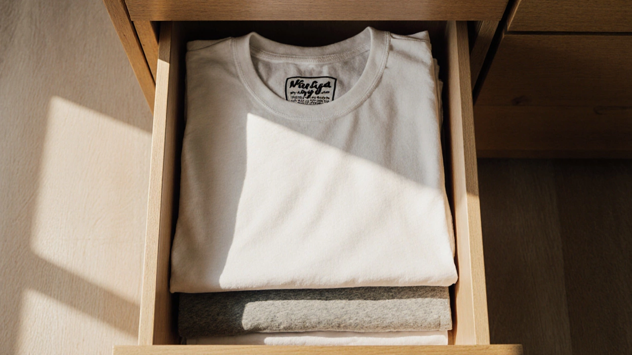 Neatly folded t-shirts stacked vertically in a wooden drawer using the KonMari method.
