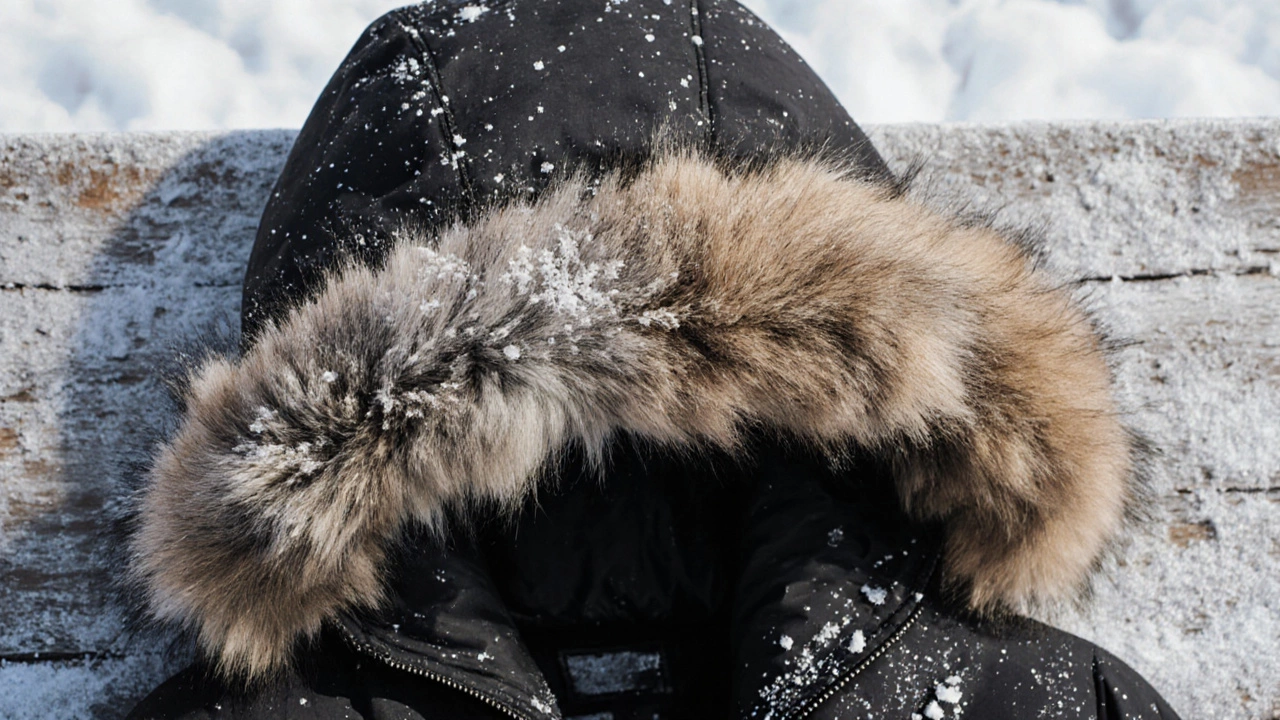 Side-by-side comparison of real coyote fur and synthetic fur on a parka hood.