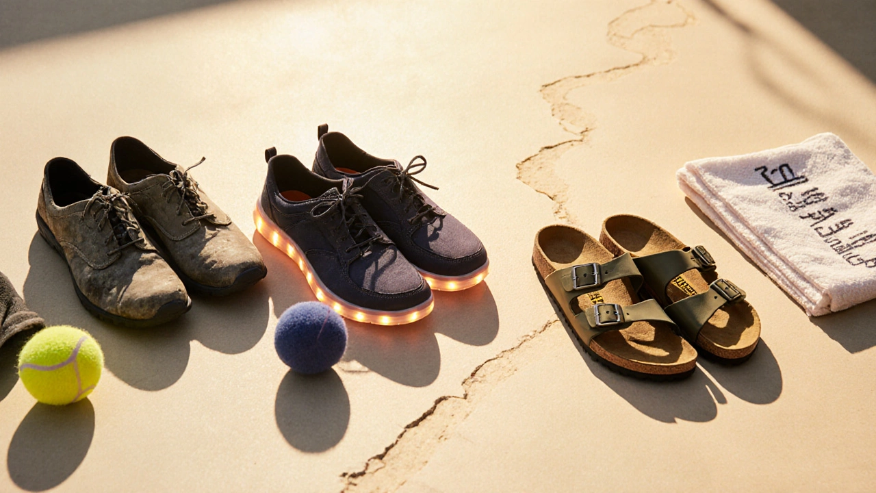 Three pairs of work shoes lined up, showing progression from poor to optimal support