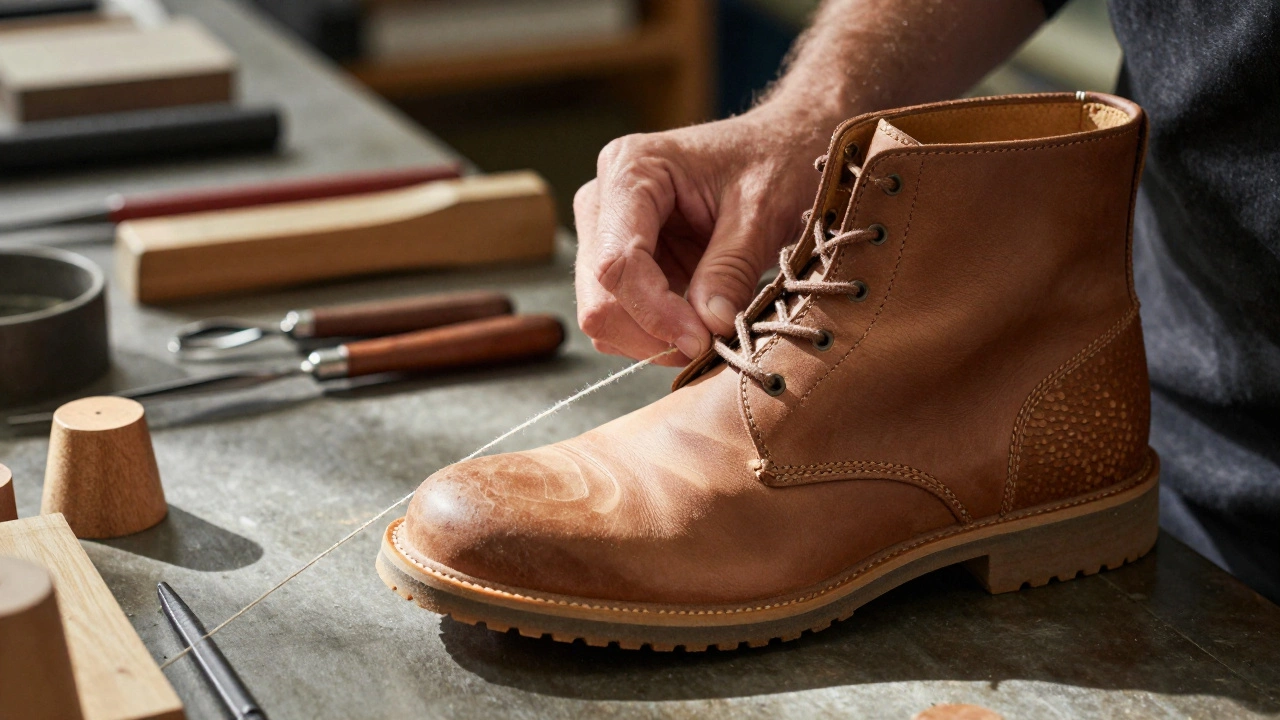 A craftsman stitching a Clarks Desert Boot by hand in a UK factory.