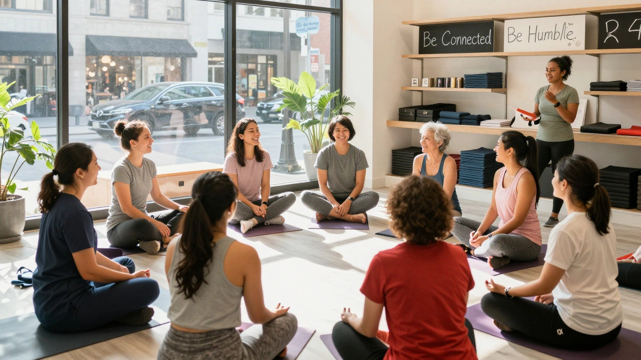 A diverse group of people sharing a free yoga class in a Lululemon store.