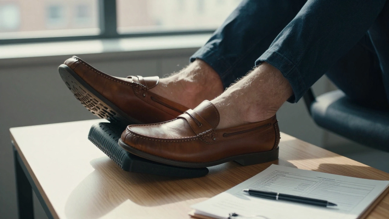 A man in dress shoes at his desk, feet elevated, wearing Rockport loafers with natural leather texture.