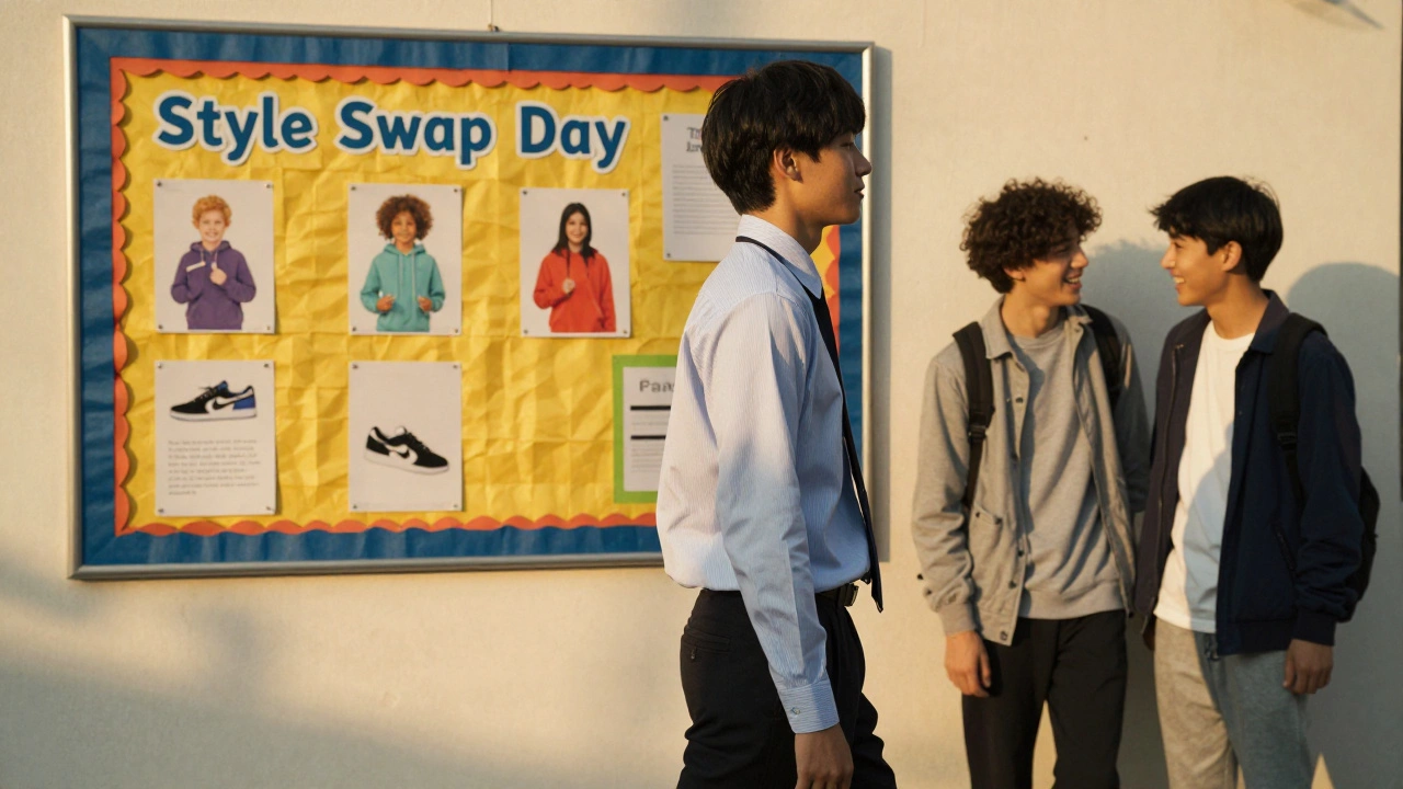 A student in a wrinkled uniform passes a flyer for a clothing swap event, others wearing casual clothes nearby.