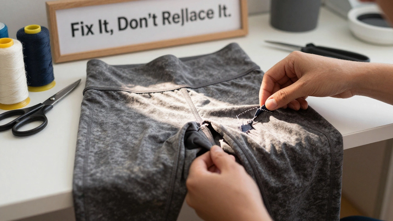 A technician repairing worn Lululemon leggings with careful stitching.