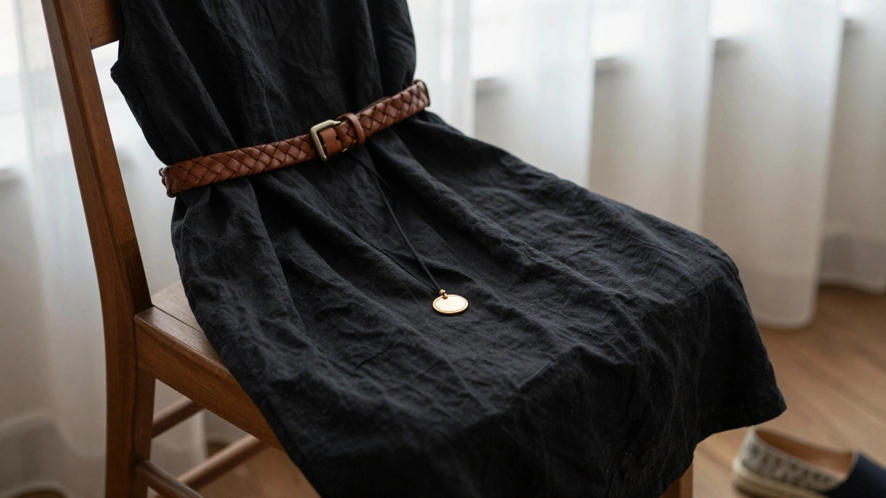 Black linen midi dress with woven belt and espadrilles on a chair, gold pendant resting on fabric.