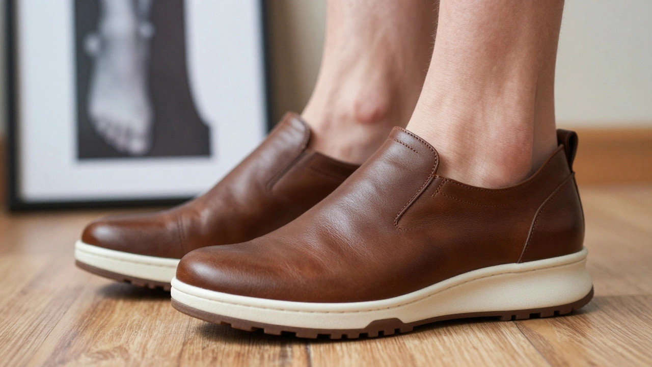 Close-up of ECCO shoes with wide toe box and flexible sole, showing natural foot placement inside.