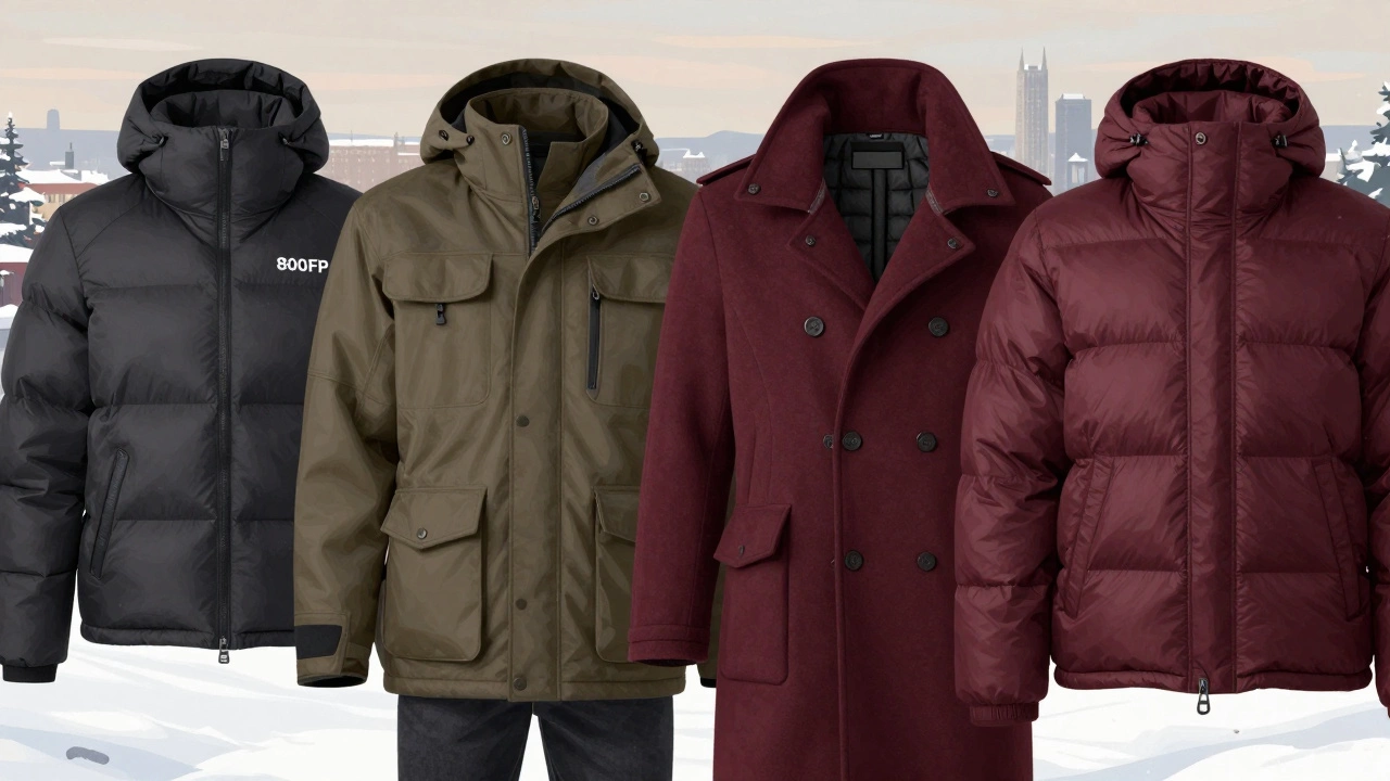 Four types of winter coats displayed side by side: parka, down jacket, wool coat, and puffer.