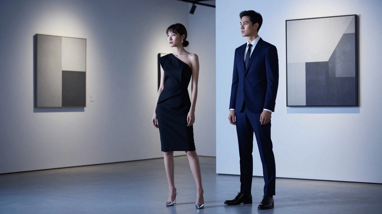 Modern couple in cocktail attire at an urban gallery, navy suit and structured black dress.