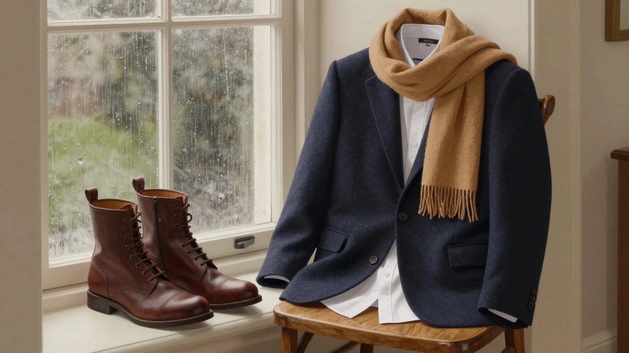 Navy blazer with brown boots and scarf laid out on a windowsill in soft morning light.