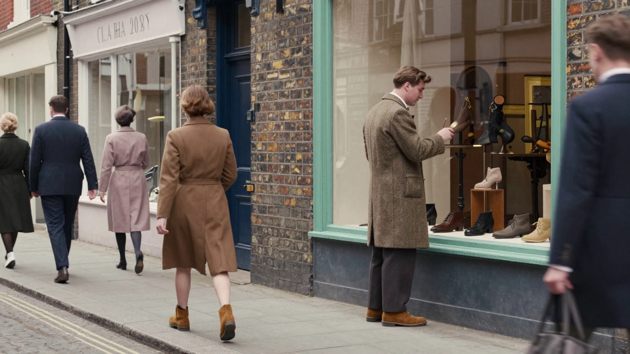 People walking in 1950s London wearing classic Clarks Desert Boots.