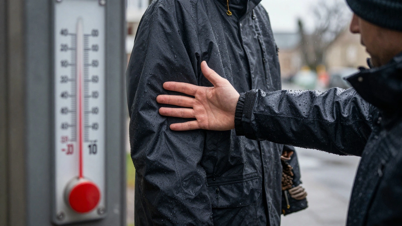 Rain beading on a water-resistant parka shell in cold York weather, with beanie and boots visible.