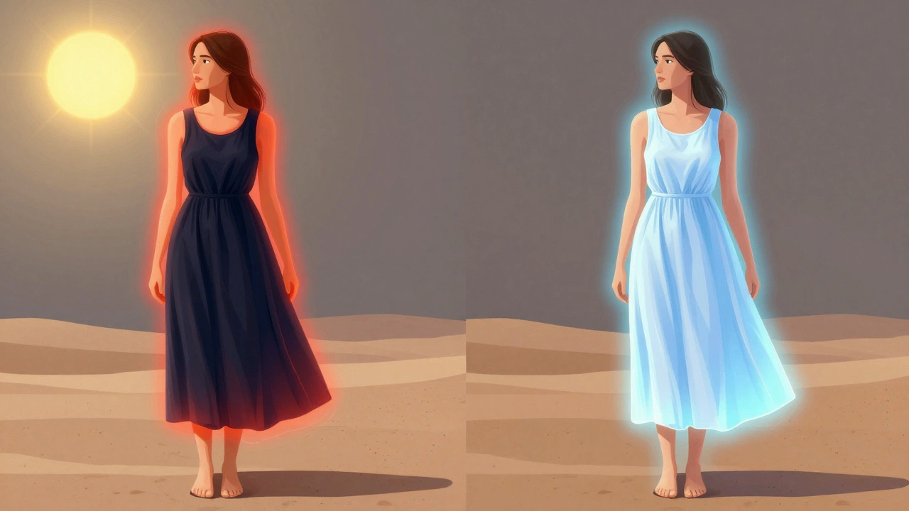 Side-by-side comparison of dark and light dresses under sun, one absorbing heat, the other reflecting it.