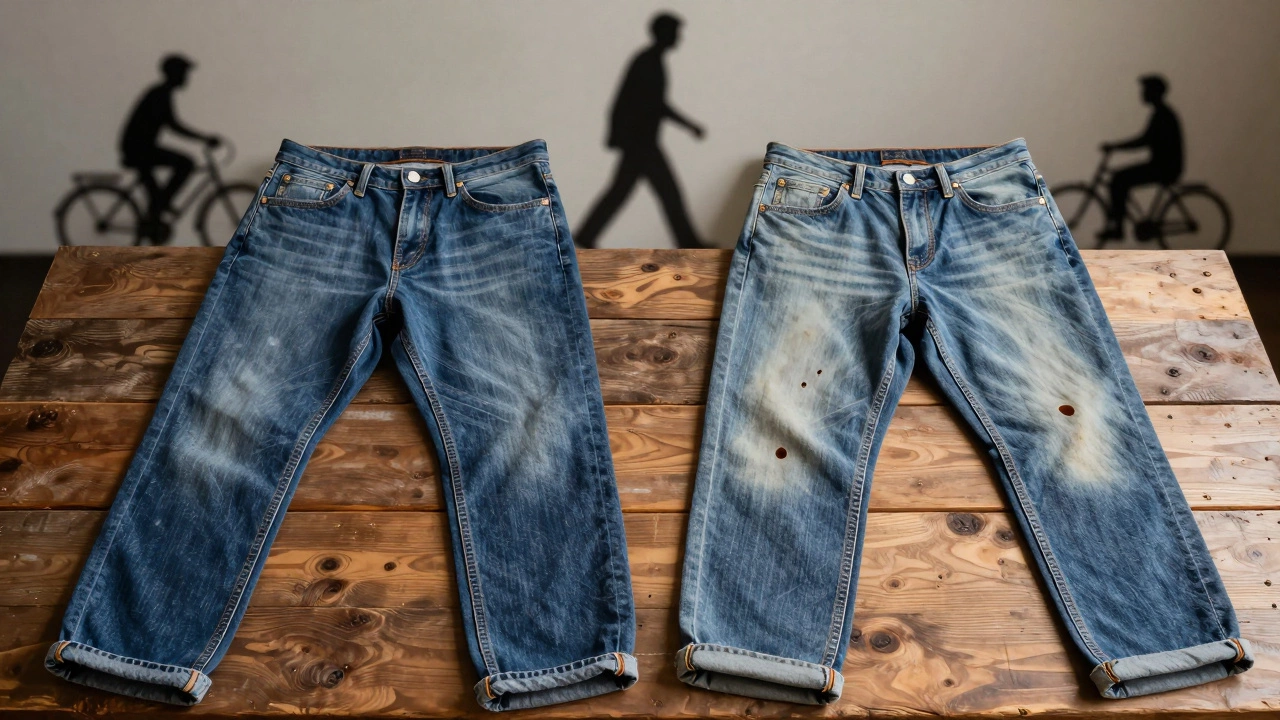 Side-by-side comparison of new and aged jeans with symbolic life moments in shadow.