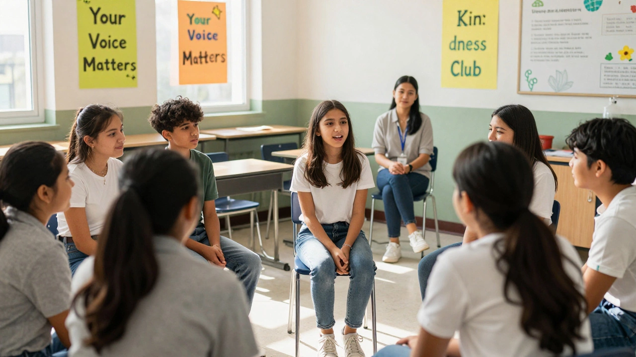 Students and teachers in a circle discussing respect, with posters about kindness and peer support.