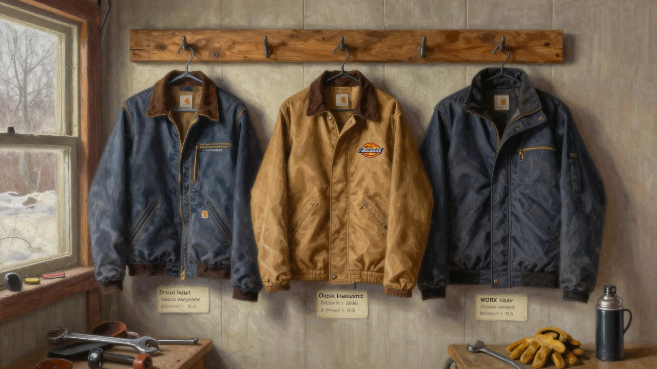 Three durable work jackets hanging on a wooden hook in a cold garage, labeled with fabric weights and prices.