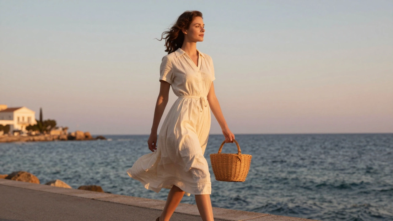 Woman in cream cotton dress walking along a coastal path at sunset, wind lifting her dress, soft pastel backdrop.