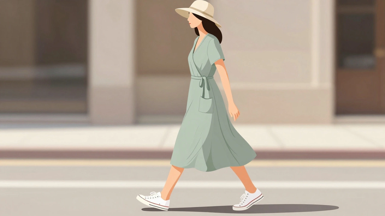 Woman wearing a sage wrap dress with white sneakers and a wide hat walking down a sunlit street.