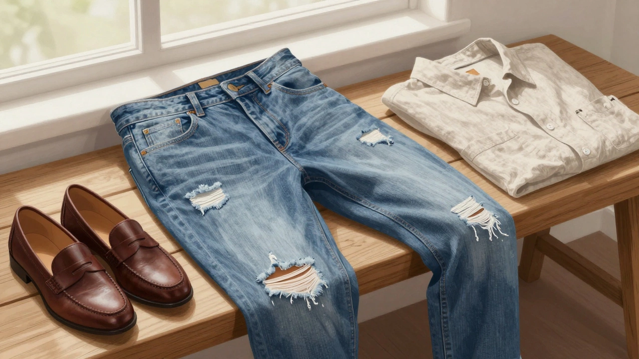 A pair of artisanally distressed jeans on a wooden bench with loafers and a shirt, illuminated by soft morning light.