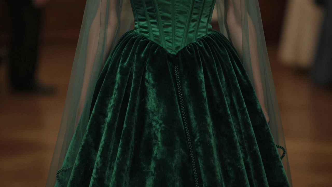 Close-up of velvet and organza evening dress fabric with boned bodice and hidden structure.