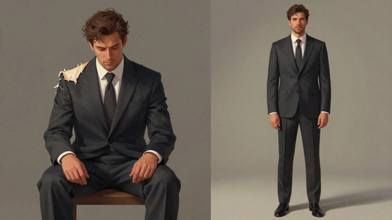 Side-by-side comparison of a poorly fitting cheap suit versus a high-quality tailored suit, highlighting construction differences.