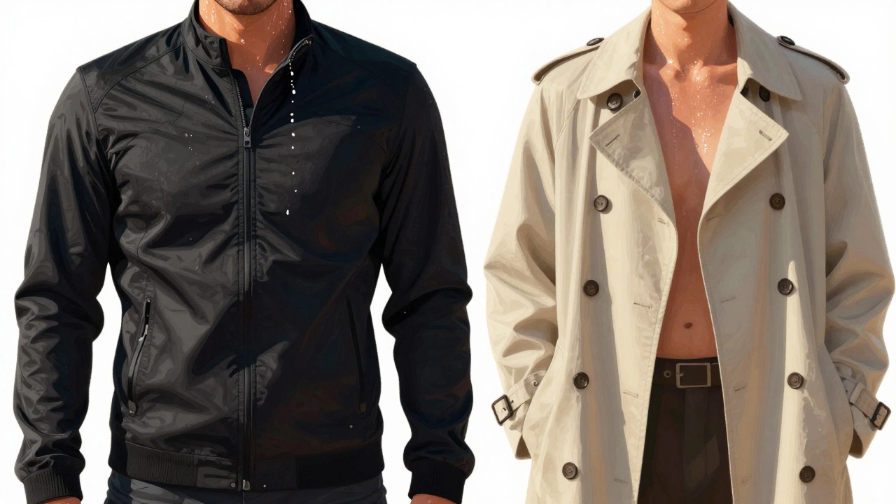 Side-by-side figures: one sweating in black jacket, another calm in light cotton coat under sunlight.