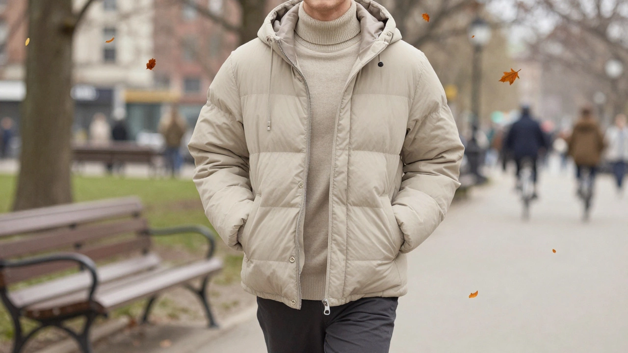 Someone walking in spring with a Uniqlo hoodie layered over a turtleneck, leaves drifting around.