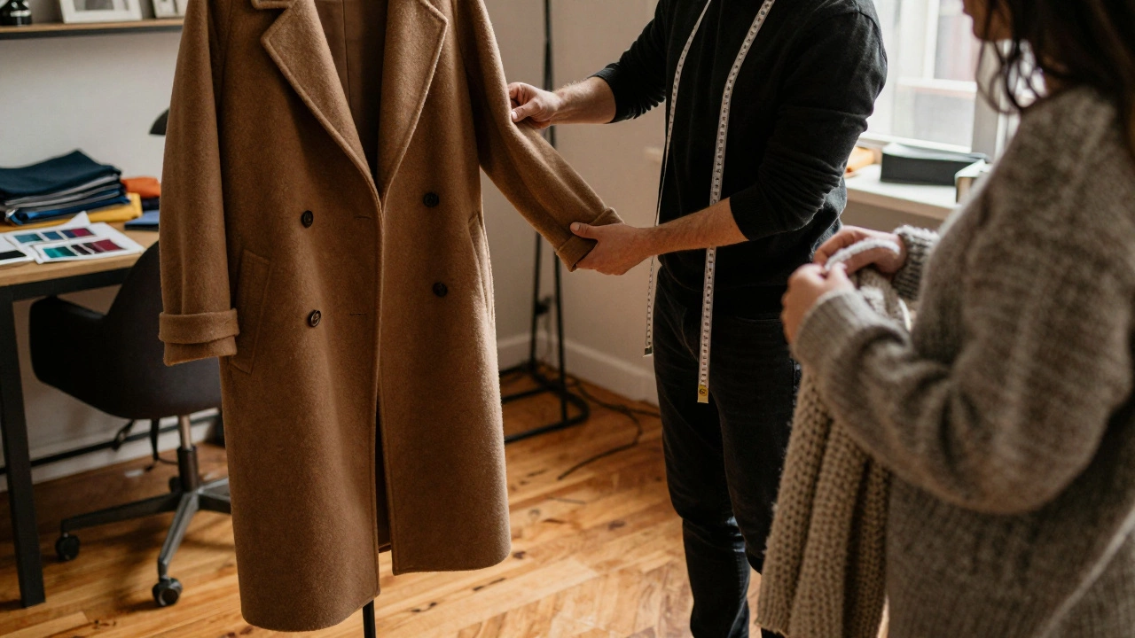 Tailor adjusting coat sleeves in warm home setting with sweater and measuring tape.
