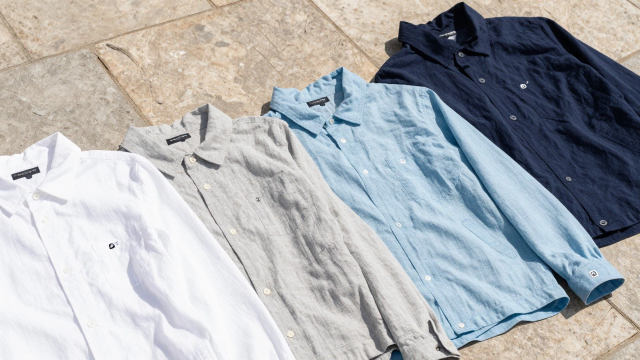 Three light-colored summer jackets on stone with thermal readings showing white as coolest.