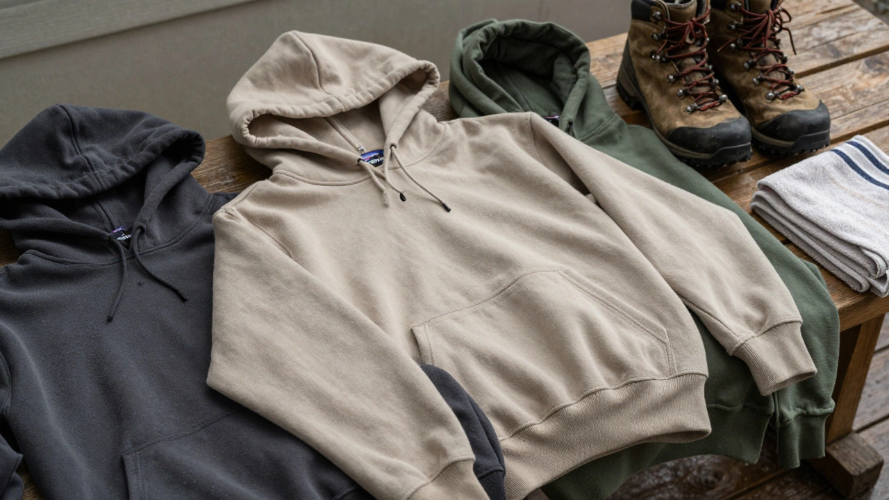 Three neutral-toned hoodies laid out with hiking boots, showing stitched seams and reinforced details.