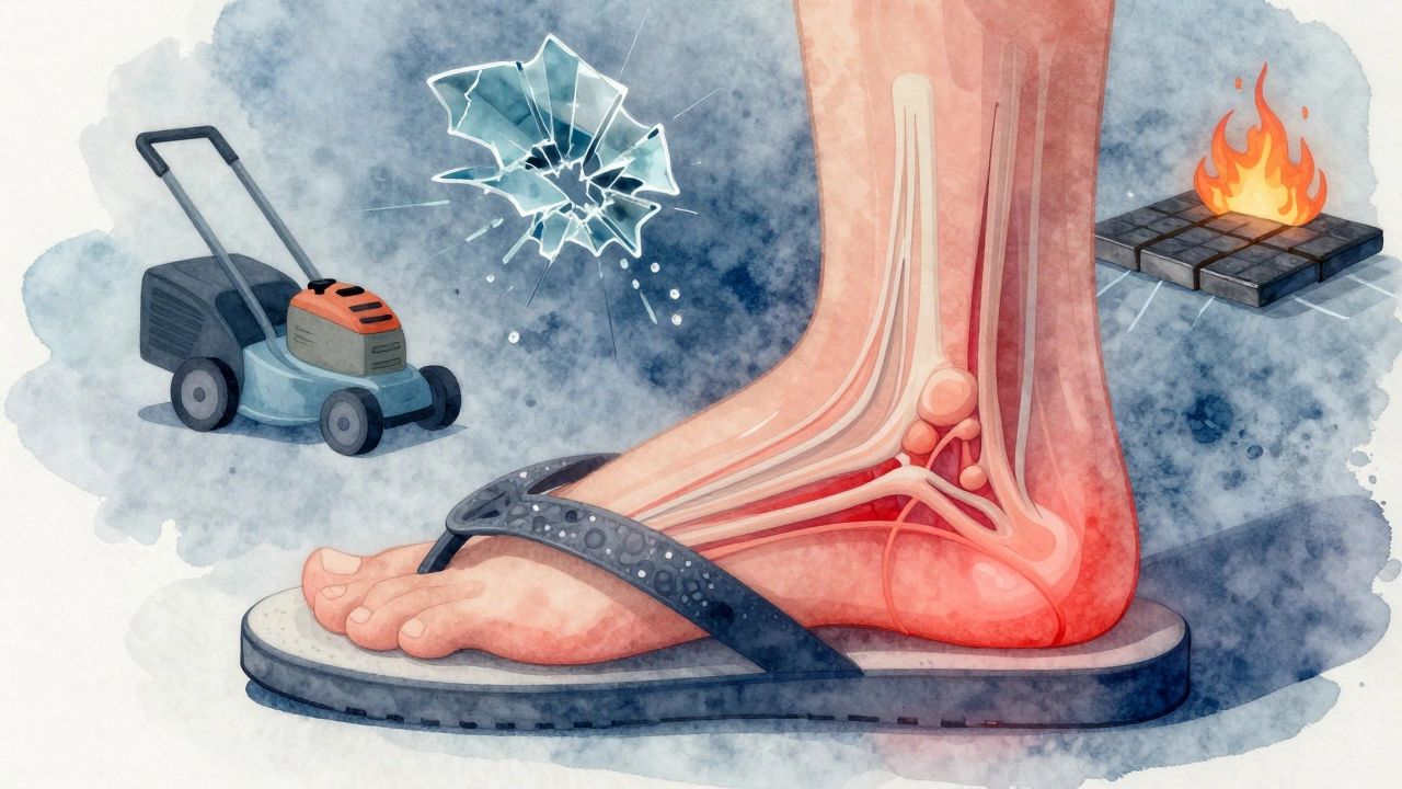 Transparent illustration of foot damage caused by flip-flops, highlighting inflamed tissues and hazards.