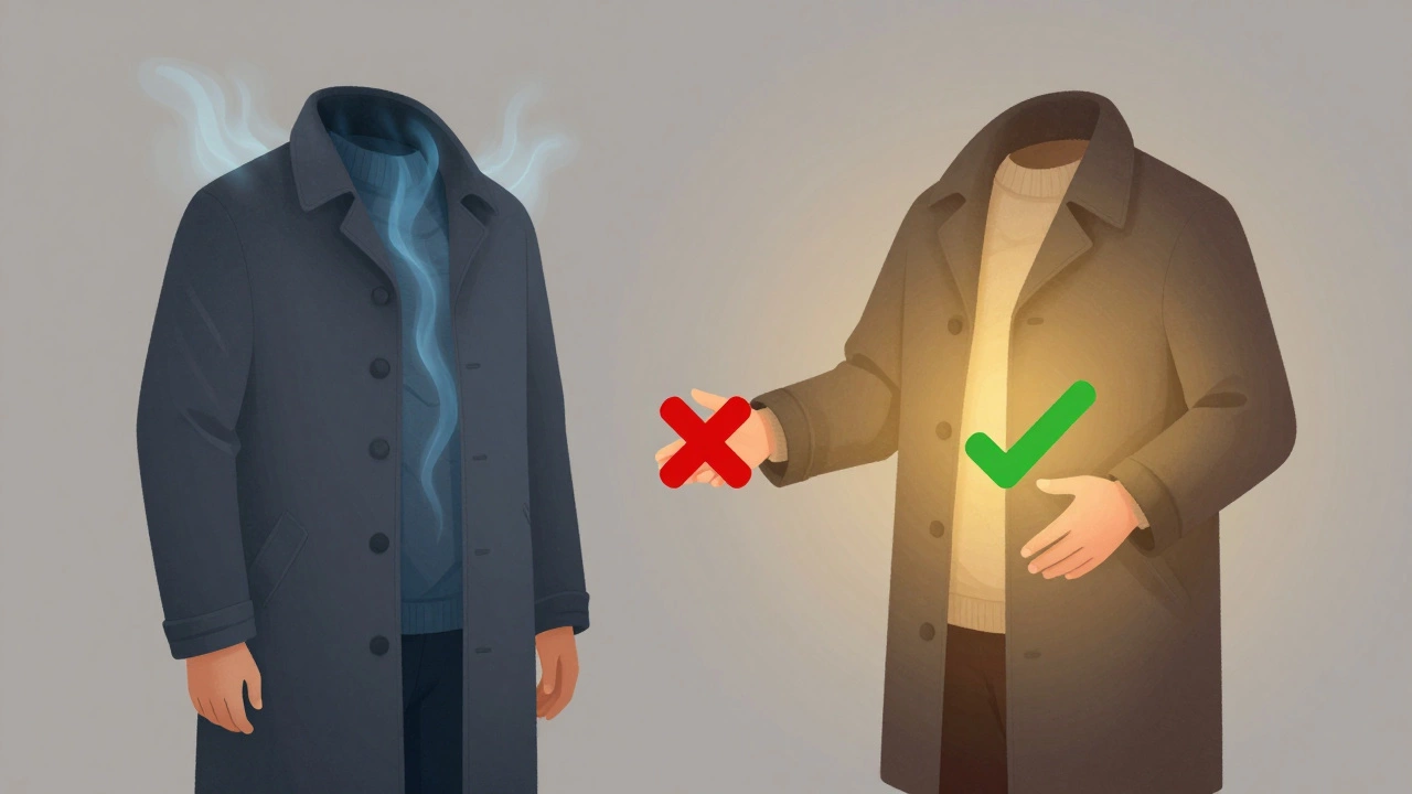 Two coats side by side: one tight and cold, one loose with warm air circulating.