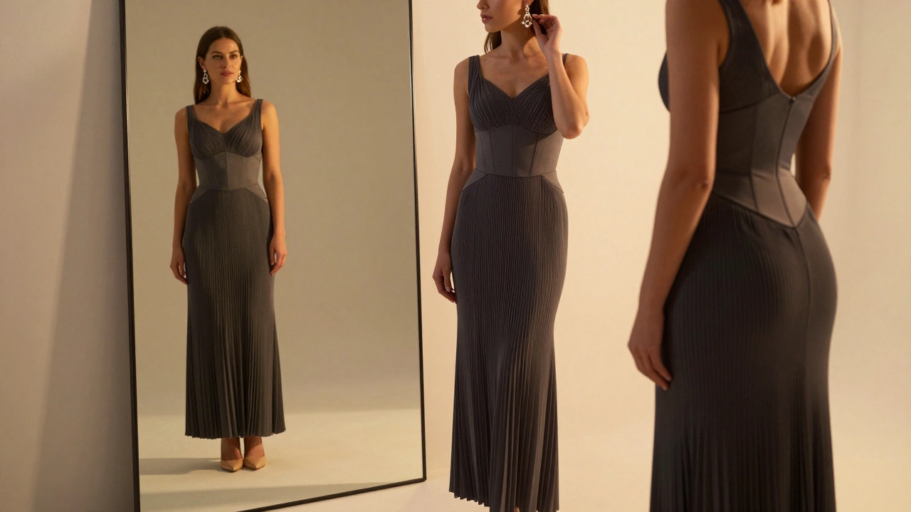 Woman checking her reflection in a mirror, wearing a tailored charcoal gown with nude heels.