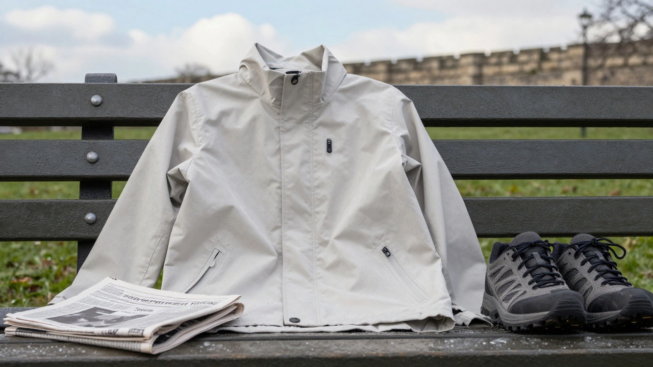 A lightweight jacket resting on a bench beside walking shoes, dew on grass, with distant city walls under soft daylight.