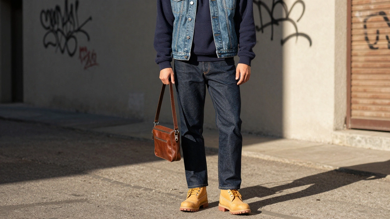 A man layering a denim jacket over a navy hoodie with dark jeans and boots in an urban alleyway.