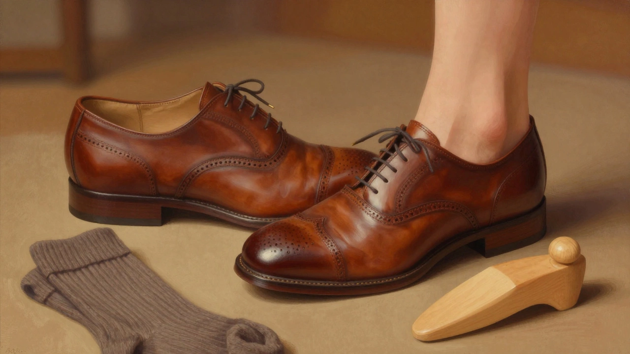A pair of leather brogues gradually molding to a foot's shape, with wool socks and a wooden shoe tree nearby.