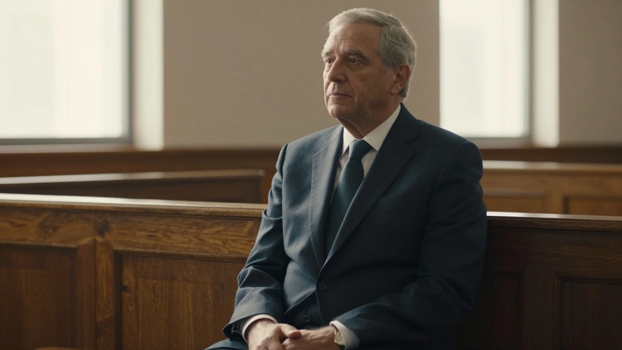 An older man in a decades-old high-end suit sitting calmly in a courtroom, sunlight casting soft glow on the draped fabric.