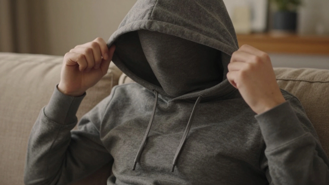 Close-up of someone pulling a hoodie over their head, hood fitting snugly around the face without bulk.