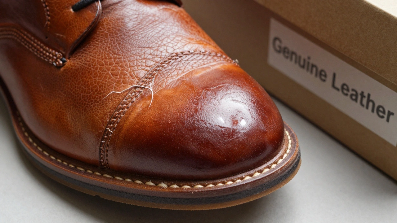 Corrected grain leather shoe with artificial grain pattern and peeling coating under harsh light.