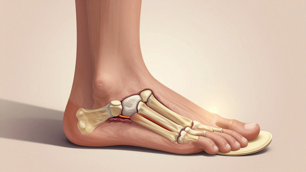 Cross-sectional illustration of a foot showing nerve compression between toes under pressure from tight footwear.