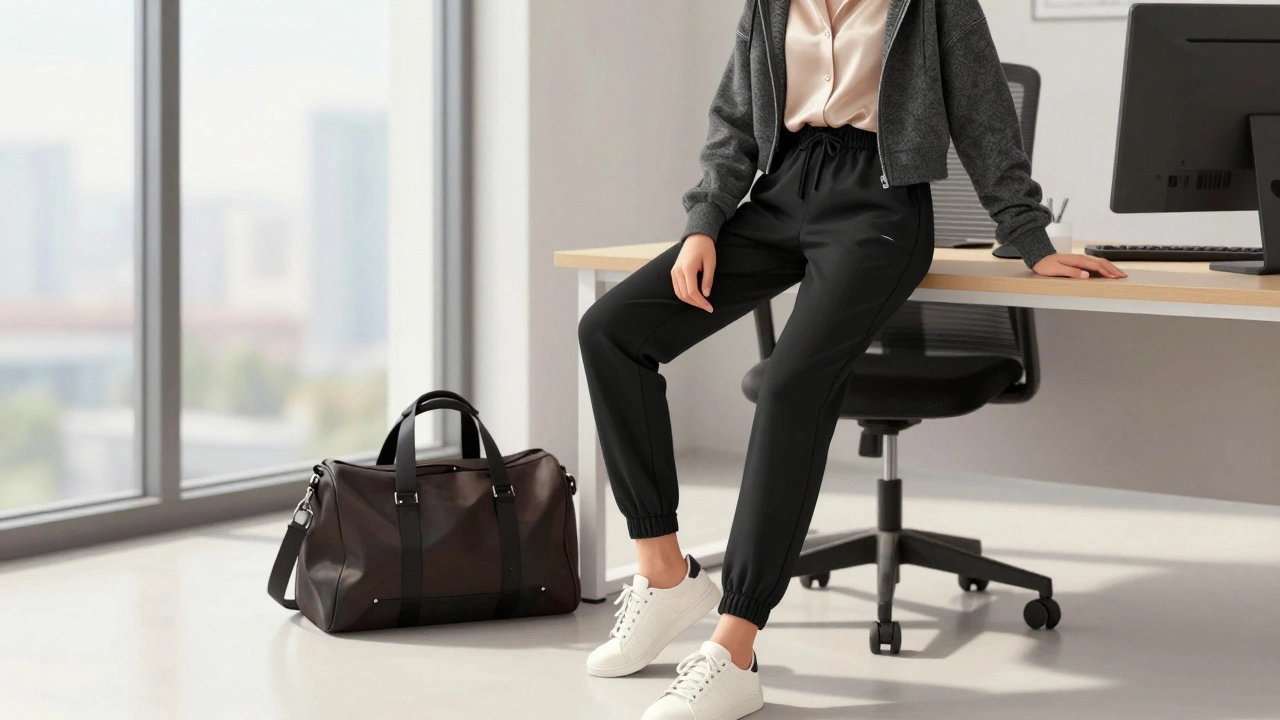 Modern office scene with someone in tailored joggers and wool hoodie, paired with silk blouse and sneakers.