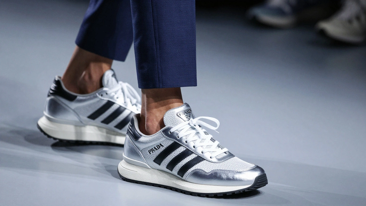 Runway model in Prada x Adidas sneakers with tailored suit under studio lights