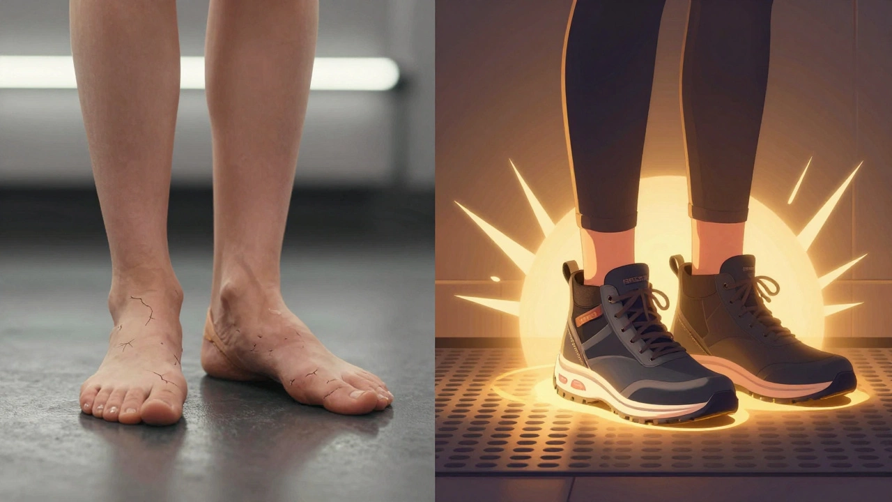 Side-by-side comparison of poor vs supportive work shoes with visualized shock absorption