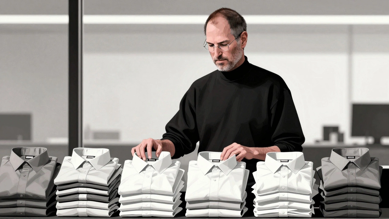 Steve Jobs reaching into a stack of identical black turtlenecks in a quiet, sunlit room.