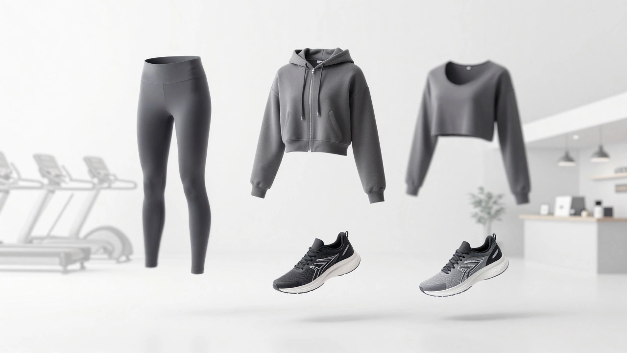 Three key athletic style pieces floating in white space, symbolizing seamless transition between daily activities.